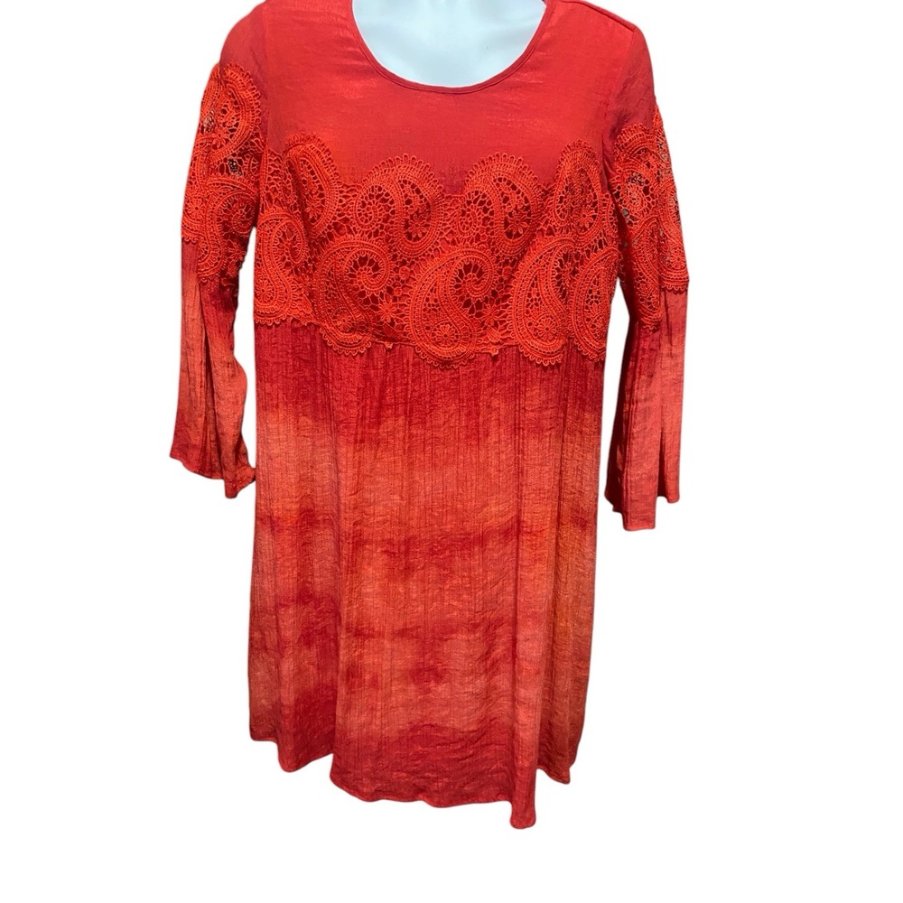 Indigo Rose Womens Dress 1X Red Tie Dye 3/4 Sleeve Peasant Crochet Trim Flowy